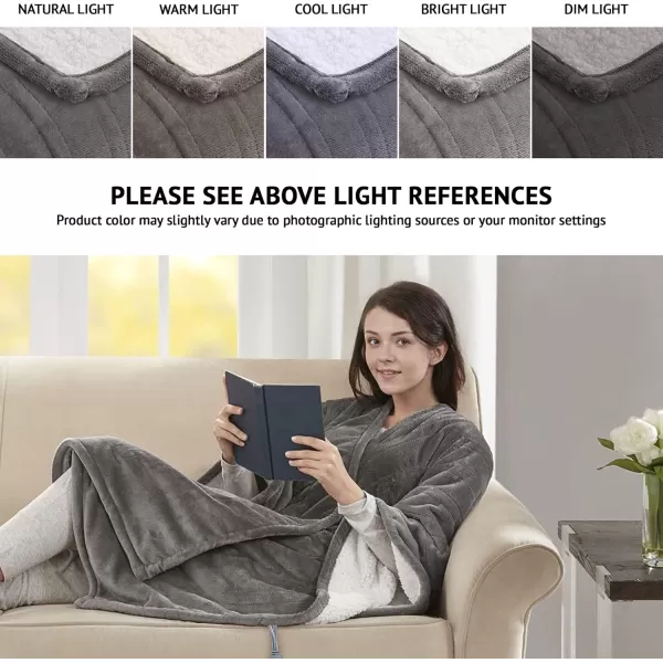 Beautyrest Ultra Soft Sherpa Berber Fleece Electric Poncho Wrap Blanket Heated Throw with Auto Shutoff 50 in x 64 in Grey LatticeGrey
