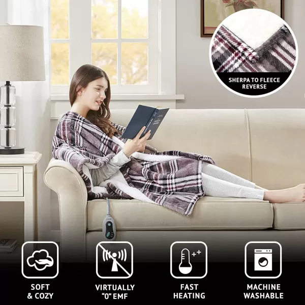 Beautyrest Ultra Soft Sherpa Berber Fleece Electric Poncho Wrap Blanket Heated Throw with Auto Shutoff 50 in x 64 in Grey LatticeGrey Plaid