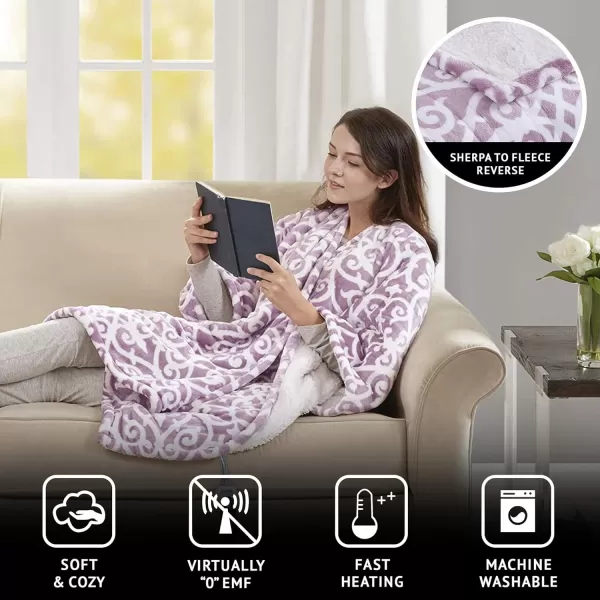 Beautyrest Ultra Soft Sherpa Berber Fleece Electric Poncho Wrap Blanket Heated Throw with Auto Shutoff 50 in x 64 in Grey LatticeLavender Lattice
