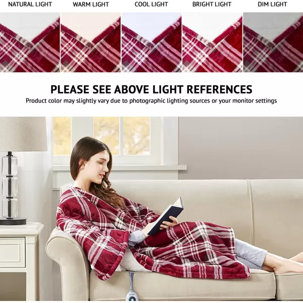 Beautyrest Ultra Soft Sherpa Berber Fleece Electric Poncho Wrap Blanket Heated Throw with Auto Shutoff 50 in x 64 in Grey LatticeRed Plaid