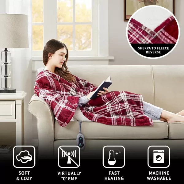 Beautyrest Ultra Soft Sherpa Berber Fleece Electric Poncho Wrap Blanket Heated Throw with Auto Shutoff 50 in x 64 in Grey LatticeRed Plaid