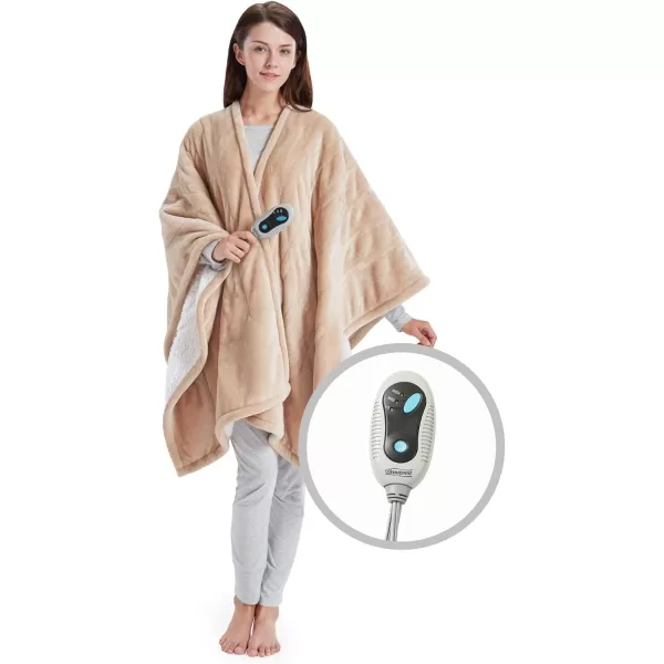 Beautyrest Ultra Soft Sherpa Berber Fleece Electric Poncho Wrap Blanket Heated Throw with Auto Shutoff 50 in x 64 in Grey LatticeTan