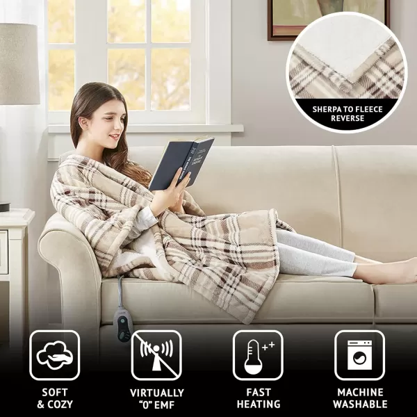 Beautyrest Ultra Soft Sherpa Berber Fleece Electric Poncho Wrap Blanket Heated Throw with Auto Shutoff 50 in x 64 in Grey LatticeTan Plaid