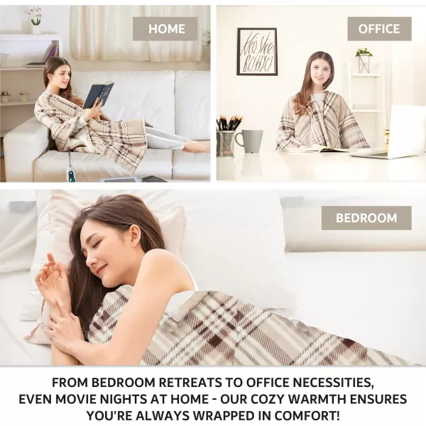 Beautyrest Ultra Soft Sherpa Berber Fleece Electric Poncho Wrap Blanket Heated Throw with Auto Shutoff 50 in x 64 in Grey LatticeTan Plaid
