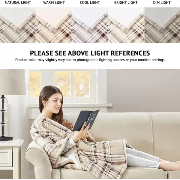 Beautyrest Ultra Soft Sherpa Berber Fleece Electric Poncho Wrap Blanket Heated Throw with Auto Shutoff 50 in x 64 in Grey LatticeTan Plaid