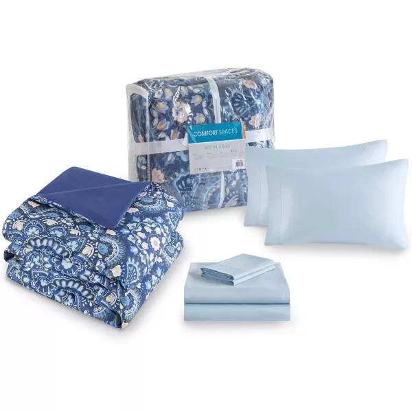 Comfort Spaces Bed in A Bag  Trendy Casual Design Cozy Comforter with Complete Sheet Set with Side Pocket All Season Cover Matching Shams Queen90quotx90quot Kate GreyPurple 9 PieceFloral Blue