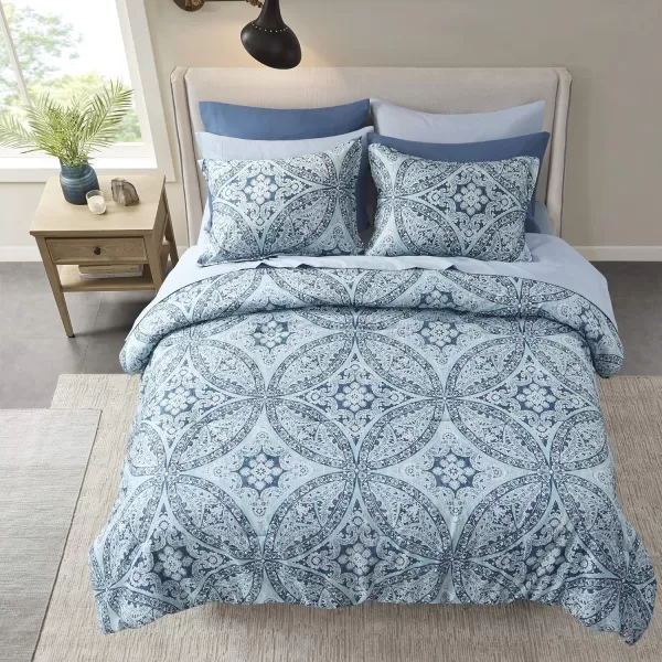 Comfort Spaces Bed in A Bag  Trendy Casual Design Cozy Comforter with Complete Sheet Set with Side Pocket All Season Cover Matching Shams Queen90quotx90quot Kate GreyPurple 9 PieceDamask Blue