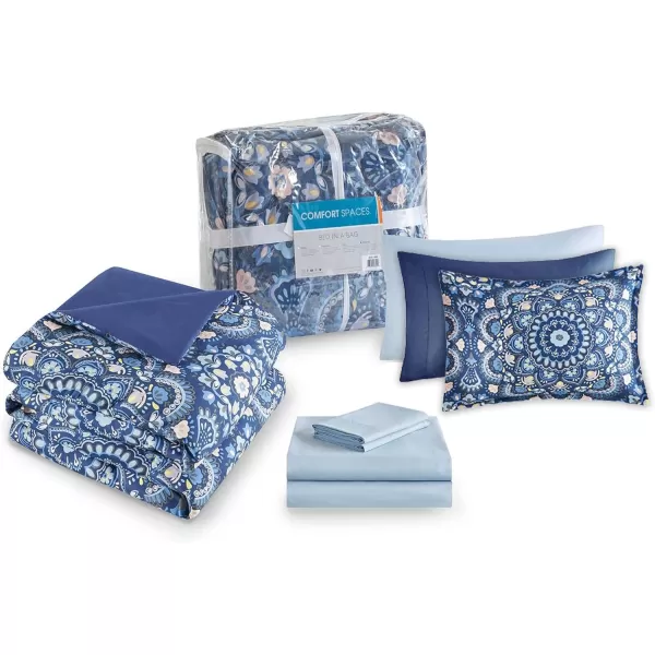 Comfort Spaces Bed in A Bag  Trendy Casual Design Cozy Comforter with Complete Sheet Set with Side Pocket All Season Cover Matching Shams Queen90quotx90quot Kate GreyPurple 9 PieceFloral Blue