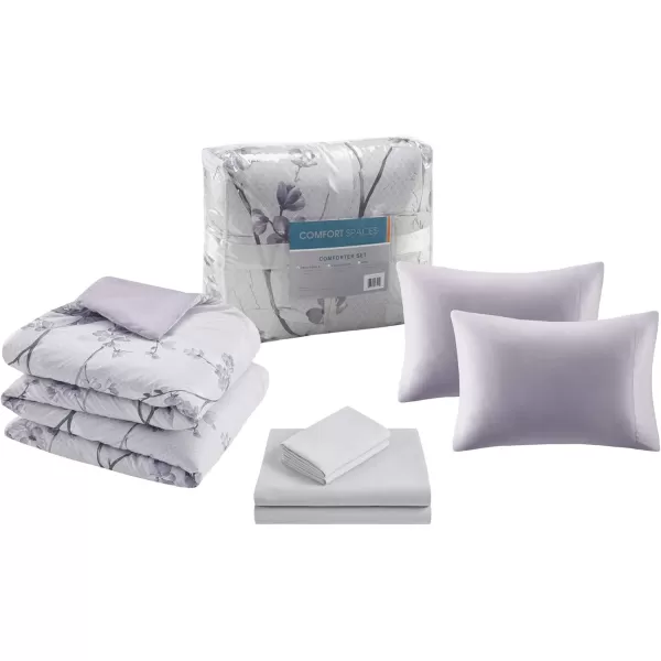 Comfort Spaces Bed in A Bag  Trendy Casual Design Cozy Comforter with Complete Sheet Set with Side Pocket All Season Cover Matching Shams Queen90quotx90quot Kate GreyPurple 9 PieceFloral Purple