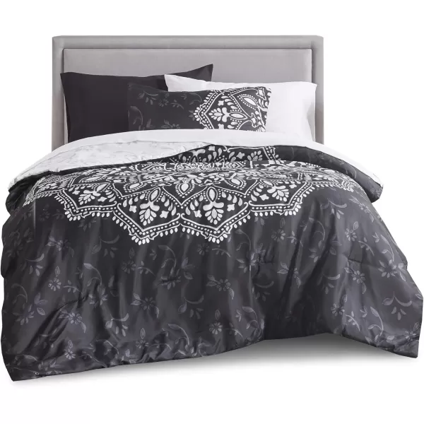 Comfort Spaces Bed in A Bag  Trendy Casual Design Cozy Comforter with Complete Sheet Set with Side Pocket All Season Cover Matching Shams Queen90quotx90quot Kate GreyPurple 9 PieceMedallion Black