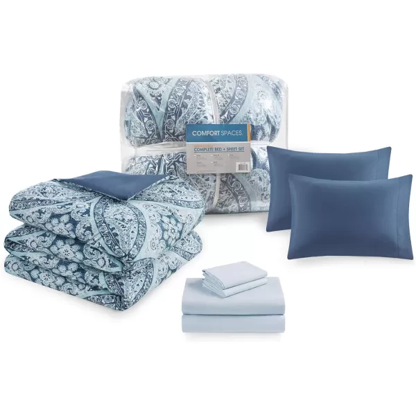 Comfort Spaces Bed in A Bag  Trendy Casual Design Cozy Comforter with Complete Sheet Set with Side Pocket All Season Cover Matching Shams Queen90quotx90quot Kate GreyPurple 9 PieceDamask Blue