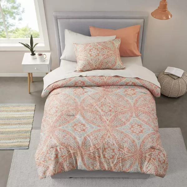 Comfort Spaces Bed in A Bag  Trendy Casual Design Cozy Comforter with Complete Sheet Set with Side Pocket All Season Cover Matching Shams Queen90quotx90quot Kate GreyPurple 9 PieceDamask Coral