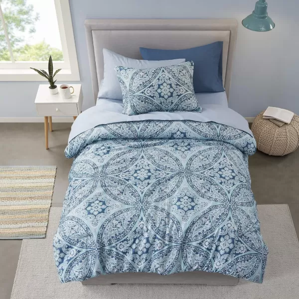 Comfort Spaces Bed in A Bag  Trendy Casual Design Cozy Comforter with Complete Sheet Set with Side Pocket All Season Cover Matching Shams Queen90quotx90quot Kate GreyPurple 9 PieceDamask Blue