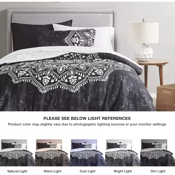 Comfort Spaces Bed in A Bag  Trendy Casual Design Cozy Comforter with Complete Sheet Set with Side Pocket All Season Cover Matching Shams Queen90quotx90quot Kate GreyPurple 9 PieceMedallion Black