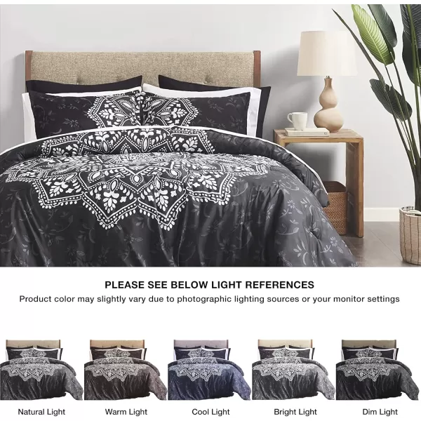 Comfort Spaces Bed in A Bag  Trendy Casual Design Cozy Comforter with Complete Sheet Set with Side Pocket All Season Cover Matching Shams Queen90quotx90quot Kate GreyPurple 9 PieceMedallion Black