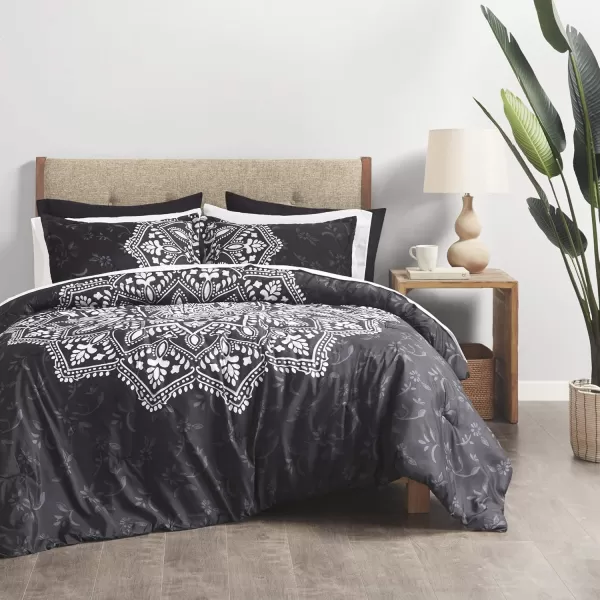 Comfort Spaces Bed in A Bag  Trendy Casual Design Cozy Comforter with Complete Sheet Set with Side Pocket All Season Cover Matching Shams Queen90quotx90quot Kate GreyPurple 9 PieceMedallion Black