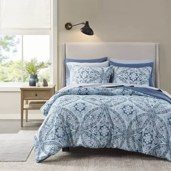 Comfort Spaces Bed in A Bag  Trendy Casual Design Cozy Comforter with Complete Sheet Set with Side Pocket All Season Cover Matching Shams Queen90quotx90quot Kate GreyPurple 9 PieceDamask Blue