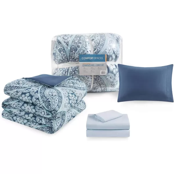 Comfort Spaces Bed in A Bag  Trendy Casual Design Cozy Comforter with Complete Sheet Set with Side Pocket All Season Cover Matching Shams Queen90quotx90quot Kate GreyPurple 9 PieceDamask Blue