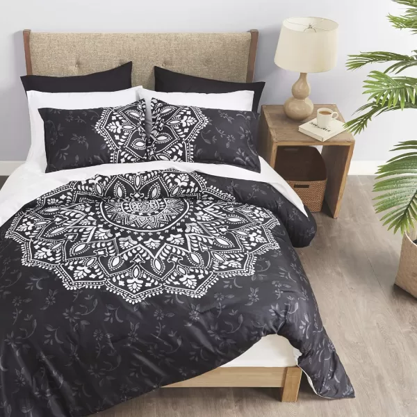 Comfort Spaces Bed in A Bag  Trendy Casual Design Cozy Comforter with Complete Sheet Set with Side Pocket All Season Cover Matching Shams Queen90quotx90quot Kate GreyPurple 9 PieceMedallion Black