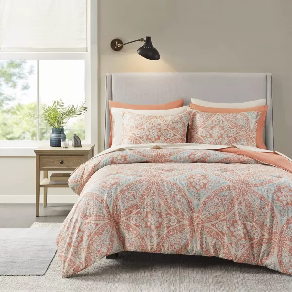Comfort Spaces Bed in A Bag  Trendy Casual Design Cozy Comforter with Complete Sheet Set with Side Pocket All Season Cover Matching Shams Queen90quotx90quot Kate GreyPurple 9 PieceDamask Coral