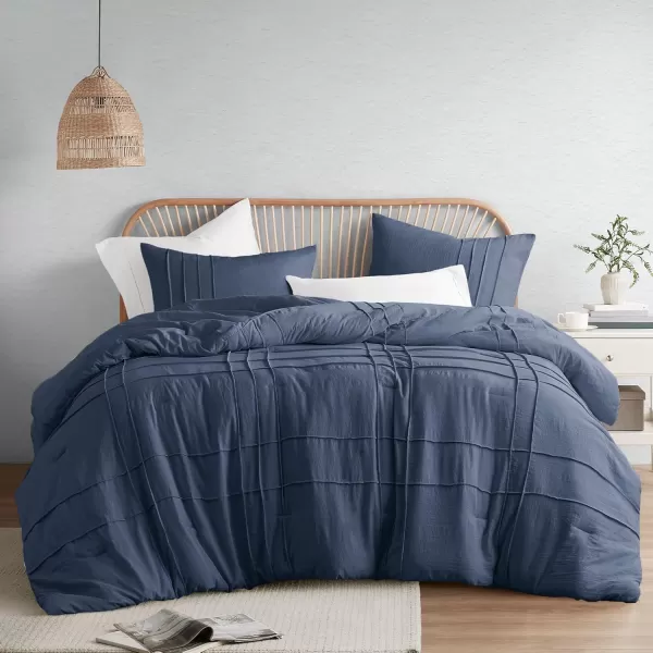 Comfort Spaces BlueGrey Full Size Comforter Set  3 Pieces Pintuck Pleated Bedding Sets Full All Season Lightweight Extra Softness PreWashed Microfiber Full Bed Set Shams FullNavy