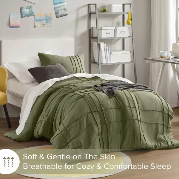 Comfort Spaces BlueGrey Full Size Comforter Set  3 Pieces Pintuck Pleated Bedding Sets Full All Season Lightweight Extra Softness PreWashed Microfiber Full Bed Set Shams FullOlive Green