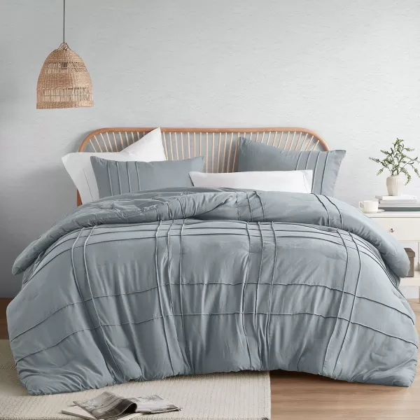 Comfort Spaces BlueGrey Full Size Comforter Set  3 Pieces Pintuck Pleated Bedding Sets Full All Season Lightweight Extra Softness PreWashed Microfiber Full Bed Set Shams FullBlueGrey