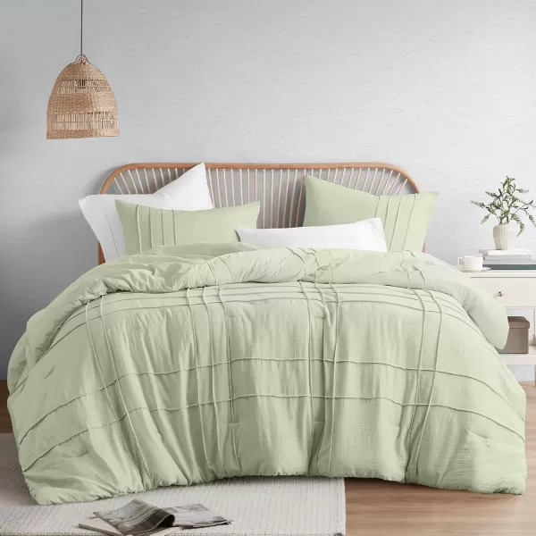 Comfort Spaces BlueGrey Full Size Comforter Set  3 Pieces Pintuck Pleated Bedding Sets Full All Season Lightweight Extra Softness PreWashed Microfiber Full Bed Set Shams FullSage