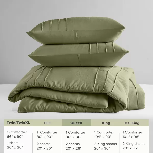 Comfort Spaces BlueGrey Full Size Comforter Set  3 Pieces Pintuck Pleated Bedding Sets Full All Season Lightweight Extra Softness PreWashed Microfiber Full Bed Set Shams FullOlive Green