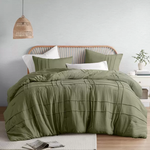 Comfort Spaces BlueGrey Full Size Comforter Set  3 Pieces Pintuck Pleated Bedding Sets Full All Season Lightweight Extra Softness PreWashed Microfiber Full Bed Set Shams FullOlive Green