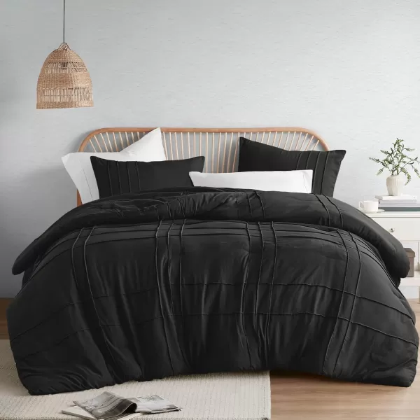 Comfort Spaces BlueGrey Full Size Comforter Set  3 Pieces Pintuck Pleated Bedding Sets Full All Season Lightweight Extra Softness PreWashed Microfiber Full Bed Set Shams FullBlack