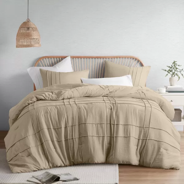 Comfort Spaces BlueGrey Full Size Comforter Set  3 Pieces Pintuck Pleated Bedding Sets Full All Season Lightweight Extra Softness PreWashed Microfiber Full Bed Set Shams FullKhaki
