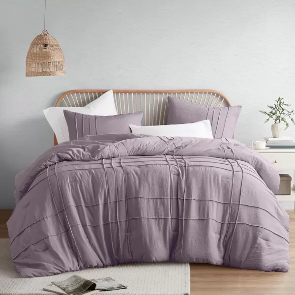 Comfort Spaces BlueGrey Full Size Comforter Set  3 Pieces Pintuck Pleated Bedding Sets Full All Season Lightweight Extra Softness PreWashed Microfiber Full Bed Set Shams FullPurple