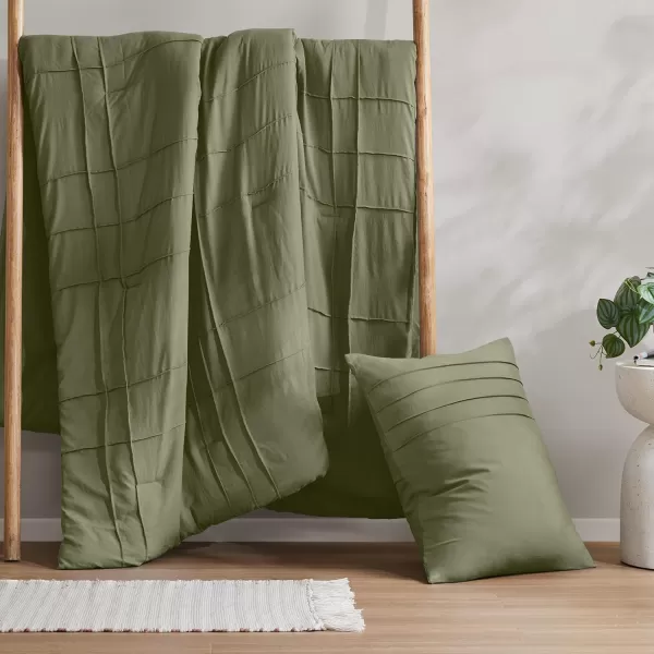 Comfort Spaces BlueGrey Full Size Comforter Set  3 Pieces Pintuck Pleated Bedding Sets Full All Season Lightweight Extra Softness PreWashed Microfiber Full Bed Set Shams FullOlive Green