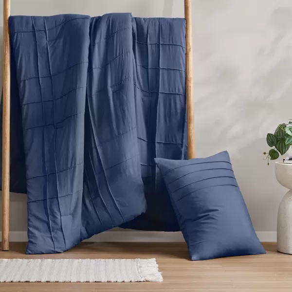 Comfort Spaces BlueGrey Full Size Comforter Set  3 Pieces Pintuck Pleated Bedding Sets Full All Season Lightweight Extra Softness PreWashed Microfiber Full Bed Set Shams FullNavy