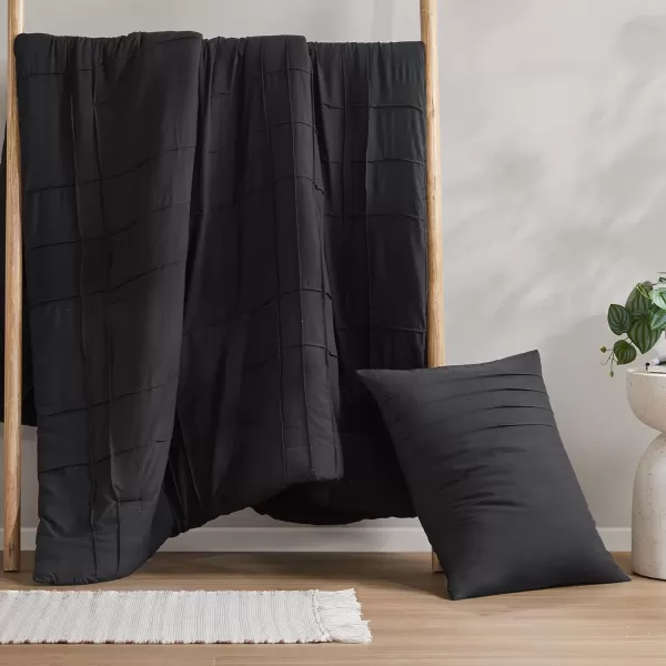 Comfort Spaces BlueGrey Full Size Comforter Set  3 Pieces Pintuck Pleated Bedding Sets Full All Season Lightweight Extra Softness PreWashed Microfiber Full Bed Set Shams FullBlack