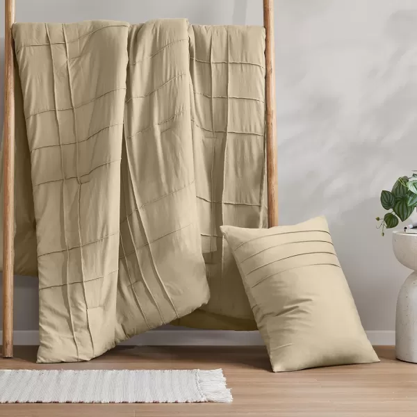 Comfort Spaces BlueGrey Full Size Comforter Set  3 Pieces Pintuck Pleated Bedding Sets Full All Season Lightweight Extra Softness PreWashed Microfiber Full Bed Set Shams FullKhaki
