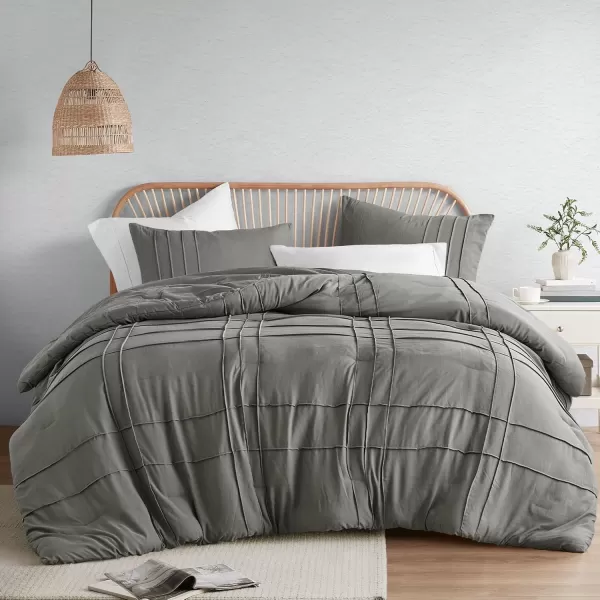 Comfort Spaces BlueGrey Full Size Comforter Set  3 Pieces Pintuck Pleated Bedding Sets Full All Season Lightweight Extra Softness PreWashed Microfiber Full Bed Set Shams FullGrey