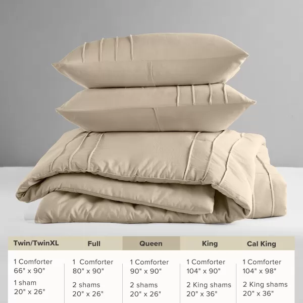 Comfort Spaces BlueGrey Full Size Comforter Set  3 Pieces Pintuck Pleated Bedding Sets Full All Season Lightweight Extra Softness PreWashed Microfiber Full Bed Set Shams FullKhaki
