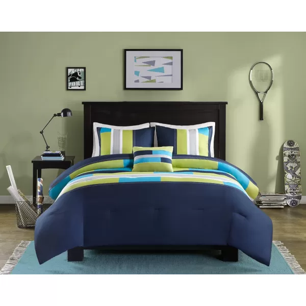 Comfort Spaces Casual Comforter Set Sporty Design Vibrant Color Active Lifestyle Boys Bedroom Dcor All Season Soft Microfiber Bedding Set Decorative Pillow Sham BlackRed Queen 4 PieceStripe NavyBlue