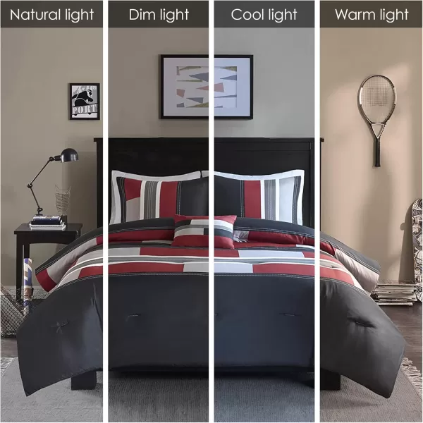 Comfort Spaces Casual Comforter Set Sporty Design Vibrant Color Active Lifestyle Boys Bedroom Dcor All Season Soft Microfiber Bedding Set Decorative Pillow Sham BlackRed Queen 4 PieceStripe BlackRed
