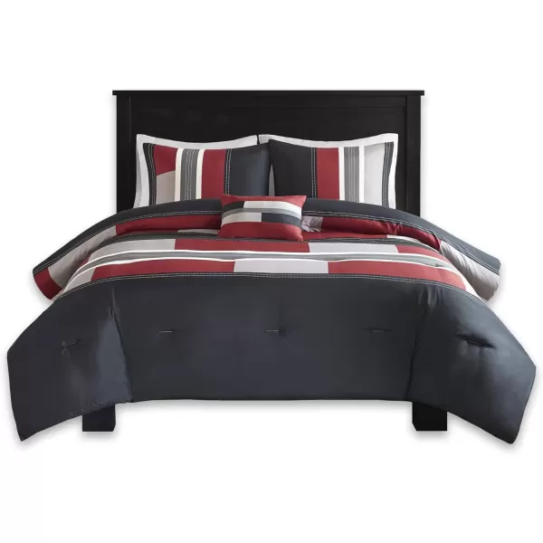 Comfort Spaces Casual Comforter Set Sporty Design Vibrant Color Active Lifestyle Boys Bedroom Dcor All Season Soft Microfiber Bedding Set Decorative Pillow Sham BlackRed Queen 4 PieceStripe BlackRed