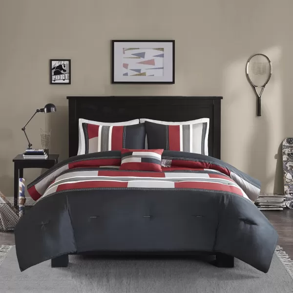 Comfort Spaces Casual Comforter Set Sporty Design Vibrant Color Active Lifestyle Boys Bedroom Dcor All Season Soft Microfiber Bedding Set Decorative Pillow Sham BlackRed Queen 4 PieceStripe BlackRed