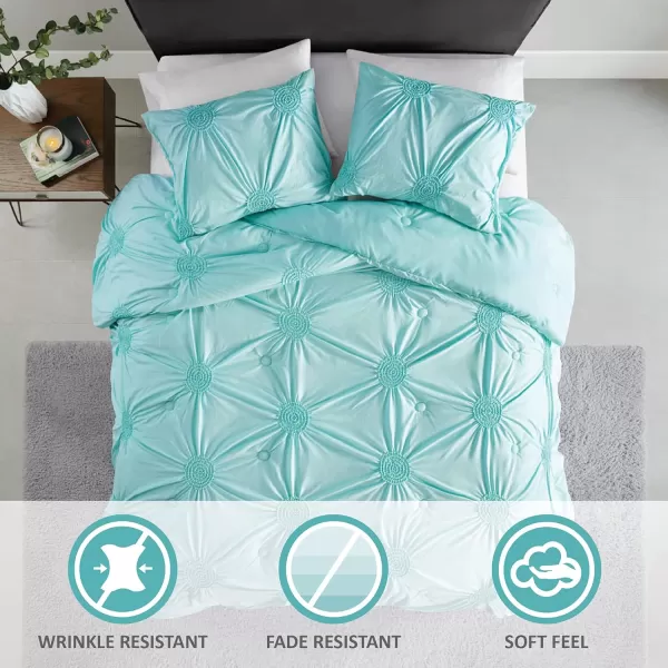 Comfort Spaces Cavoy Comforter Set  Luxe Diamond Tufting All Season Bedding Matching Bed Skirt Decorative Pillows Queen Faux Silk Aqua 5 PieceEmber Blue