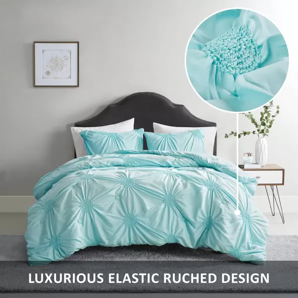 Comfort Spaces Cavoy Comforter Set  Luxe Diamond Tufting All Season Bedding Matching Bed Skirt Decorative Pillows Queen Faux Silk Aqua 5 PieceEmber Blue