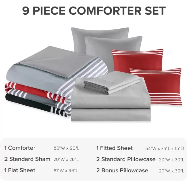 Comfort Spaces Comforter Sets with Sheets  Bed in a Bag 9 Pieces Teen Bedding Sets  Red and Grey Stripes Bedding Full College Full Bed Set with 2 Side Pockets Bedroom OrganizerRedGrey