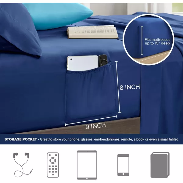 Comfort Spaces Comforter Sets with Sheets  Bed in a Bag 9 Pieces Teen Bedding Sets  Red and Grey Stripes Bedding Full College Full Bed Set with 2 Side Pockets Bedroom OrganizerNavy