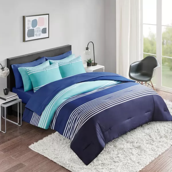 Comfort Spaces Comforter Sets with Sheets  Bed in a Bag 9 Pieces Teen Bedding Sets  Red and Grey Stripes Bedding Full College Full Bed Set with 2 Side Pockets Bedroom OrganizerNavy