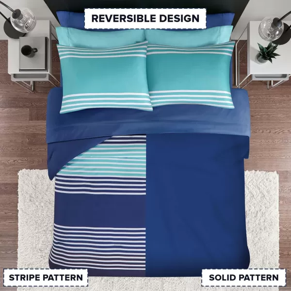 Comfort Spaces Comforter Sets with Sheets  Bed in a Bag 9 Pieces Teen Bedding Sets  Red and Grey Stripes Bedding Full College Full Bed Set with 2 Side Pockets Bedroom OrganizerNavy