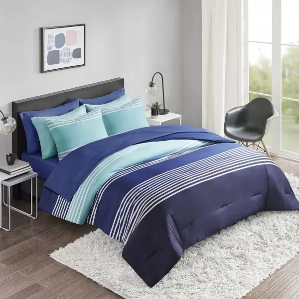 Comfort Spaces Comforter Sets with Sheets  Bed in a Bag 9 Pieces Teen Bedding Sets  Red and Grey Stripes Bedding Full College Full Bed Set with 2 Side Pockets Bedroom OrganizerNavy